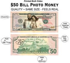 two bills with the words $ 50 bill photo money on top and below it are labeled