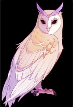 an owl sitting on top of a wooden table next to a black background with white and purple feathers