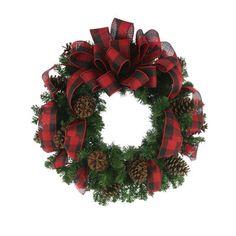 a red and black wreath with pine cones