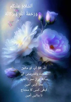 an image of flowers with arabic writing on the bottom and bottom corner, in front of a blue background