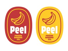 two stickers with the words peel and frozen banana co on them are shown in red, yellow and orange