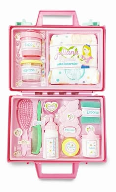 a pink plastic case filled with lots of items