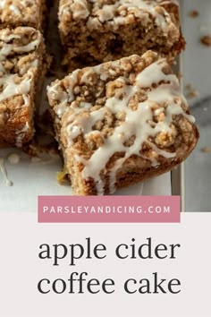 an apple cider coffee cake with white icing on top and the words, apples cider coffee cake