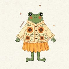 a drawing of a frog wearing a dress with sunflowers on it