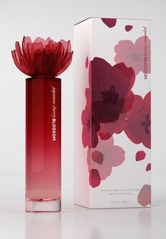 a red flower in a glass vase next to a white box