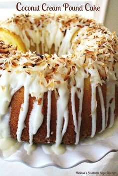 a coconut cream pound cake on a white plate