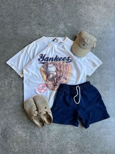 Sports Clothes  Baseball  Yankees Tshirt Easy 30 day return policy Yankees Baseball Game Outfit, Mens Vintage Streetwear, Mens Athletic Style, Mens Clothing Styles Shorts, Baseball Game Outfit Men, Guy Fits Casual, Guy Outfits Casual, College Guy Outfits, Outfit Inspirations Men