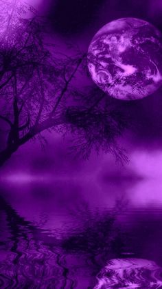 the earth is reflected in water on a purple background with trees and clouds around it