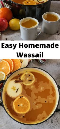 an easy homemade wassail recipe with oranges, apples and cinnamon in it