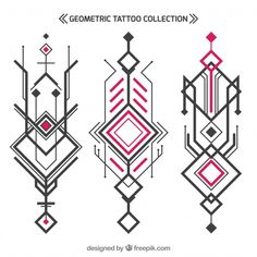 geometric tattoo designs with red and black lines on white background, including an abstract design