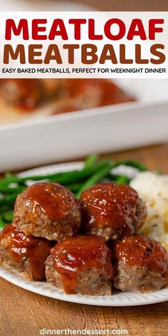 meatballs on a plate with mashed potatoes and green beans in the foreground