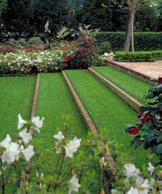 a garden with green grass and steps leading up to the flowerbeds on each side