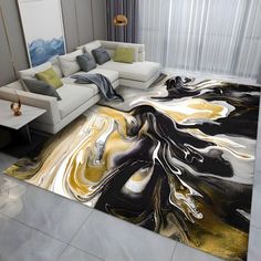 a modern living room with white couches and black and gold rugs on the floor