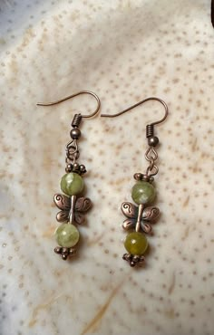 Quinghua Jade gemstone copper hypoallergenic earrings with butterfly spacers. Brow Tattoo, Cute Ear Piercings, Jade Gemstone, Jade Earrings, Pretty Jewelry, Jewelry Lookbook