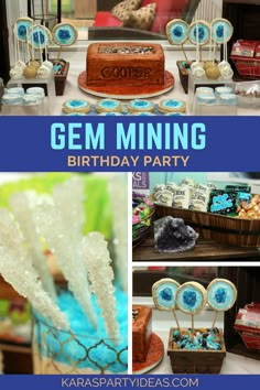 a blue and white birthday party with cake, cookies, candies and desserts