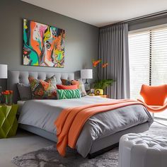 a bedroom with grey walls, orange and green accents on the headboard and foot board