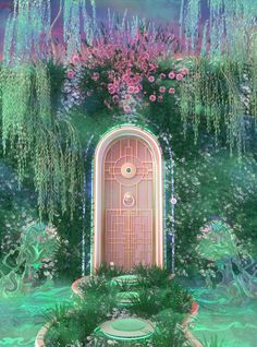 a pink door surrounded by greenery and flowers