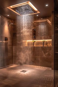 a shower head in the middle of a bathroom with brown tile walls and flooring