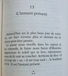 an open book with french writing on it's page and the title in english