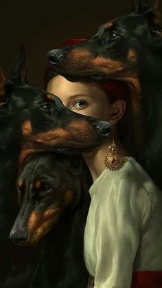 a painting of a woman with two dogs on her shoulders and one dog's head wrapped around her neck