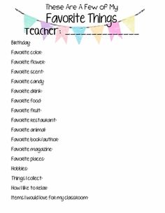 a printable teacher's favorite things list is shown in the middle of this page