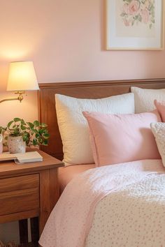 a bed with pink sheets and pillows in a bedroom next to a lamp on a night stand