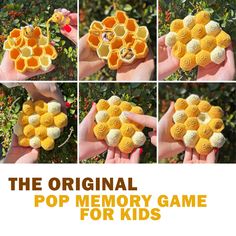 the original pop memory game for kids is made with crochet, yarn and felt