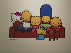 a group of cartoon characters sitting on top of a red couch next to each other