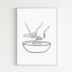 a black and white drawing of two hands cooking in a bowl