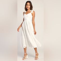 Nwt Has A Tiny Snag On The Inside Due To Handling White Tie Strap Dress, White Midi Dress With Tie Straps, White Midi Dress With Tie Straps For Day Out, White Dress Midi, Tie Strap Midi Dress, Movie Core, Shoulder Tie Dress, Summer White Dress, White Sun Dress