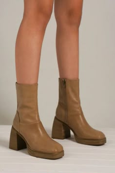 You're going to want these versatile boots in your shoe rotation when cool weather hits. These caramel colored boots feature a chunky heel and a sturdy sole. The streamlined silhouette will pair perfectly with everything from faded denim to romantic floral dresses.Length: 7"Heel Height: 3.5" Chunky Heel Platform Boots, Cowboy Boots Women Outfits, Block Boots, Shoe Rotation, Color Boots, Colored Boots, Wrap Shoes, Chunky Heel Ankle Boots, Womens Chunky Heels