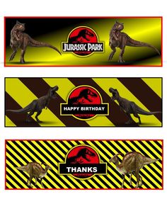 three happy birthday banners with dinosaurs on yellow and black striped background, one has a thank you sign in the middle