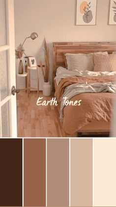 a bed room with a neatly made bed and pictures on the wall above it that say earth tones