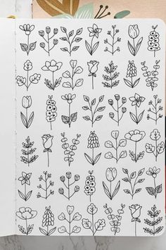 an open notebook with flowers drawn on it