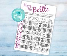 the printable pass the bottle wine exchange game is shown on a wooden table with blue and