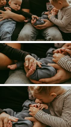 two photos of a baby playing with someone's hands