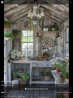 a room filled with lots of potted plants next to a table and window sill