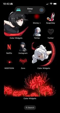 an iphone screen with anime characters and their names on the screens, including red flowers