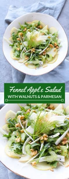 two plates filled with salad and vegetables on top of each other, one is topped with fennel