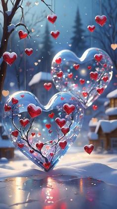 two heart shaped glass ornaments hanging from a tree in the snow with hearts floating around them