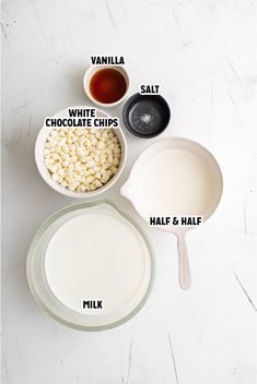 ingredients to make white chocolate macaroni and cheese recipe displayed on counter top with names