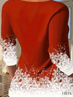 Ebeek - Classic Plus Size Womens Christmas Casual Top Featuring Long Sleeves, V-Neckline, and Snowflake & Tree Print Festive Long Sleeve Tops For New Year, Red V-neck Top For Holiday, Festive White V-neck Top, V-neck Tops For Fall Holiday, Red V-neck Holiday Top, V-neck Tops For Holiday In Fall, Casual V-neck Holiday Tops, Festive Christmas Top, Red V-neck Top For Christmas