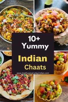 10 varieties of Indian Chaats which are tangy, sweet, spicy and lip smacking good. From Samosa Chaat to fruit chaat to corn chaat you will love all these variations. Indian Chaat Recipes, Fruit Chaat Recipe, Veg Salad Recipes, Fruit Chaat, Healthy Indian Snacks