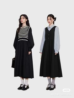 Japanese Long Dress Outfit, Black Outfit Japanese, Japan Womens Fashion, Black And White Modest Outfits, Aesthetic Korean Outfits Dress, Japanese Modest Outfit, Modest Japanese Outfits, Winter Japanese Fashion, How To Look Japanese