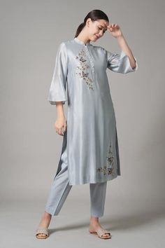 Buy Grey Chanderi Embroidered Sequin Mandarin Collar Butterfly Kurta With Pant For Women by Joy Mitra Online at Aza Fashions in US Rhea Kapoor, Jayanti Reddy, Sanya Malhotra, Pant Women, Rohit Bal, Pant For Women, Parineeti Chopra, Tarun Tahiliani, Embroidered Butterfly