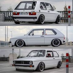 three different views of the same car in four different pictures, one is white and the other has black rims