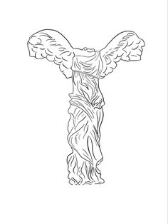 the crucifix is drawn in black and white with an angel on it