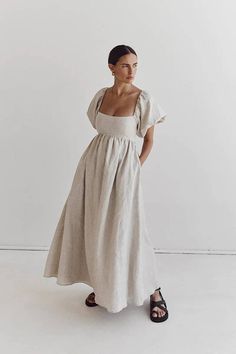 Dissh Linen Dress, Dissh Dress Outfit, Dissh Dresses, Mode Kimono, Ankle Length Dress, Linen Midi Dress, High Waist Dress, Bubble Sleeve, Vestidos Vintage