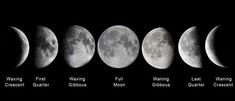 five phases of the moon in different stages, with their names on each one side