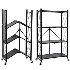 two black metal shelves with wheels and one shelf on each side, both facing different directions